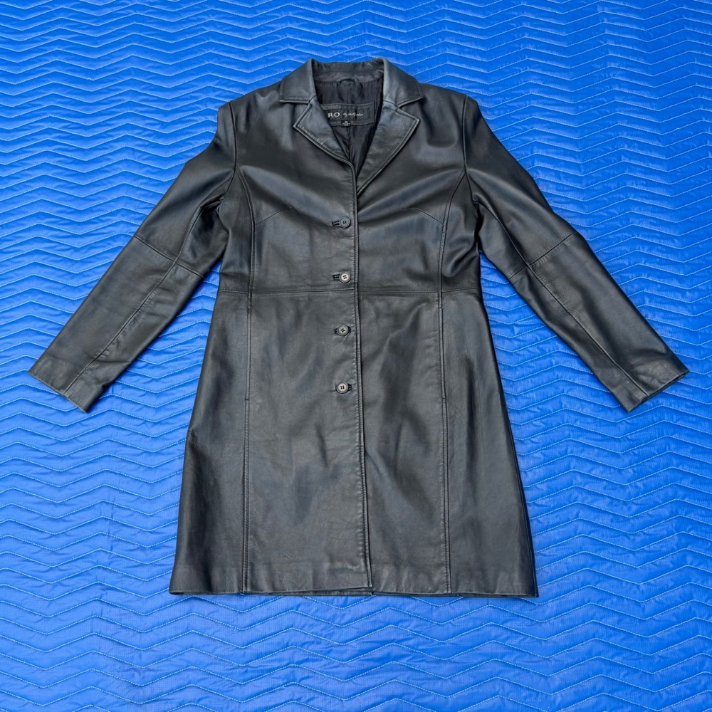 R&O By Reilly Olmes Womens Medium VTG Black Genuine Leather Trench Coat Jacket